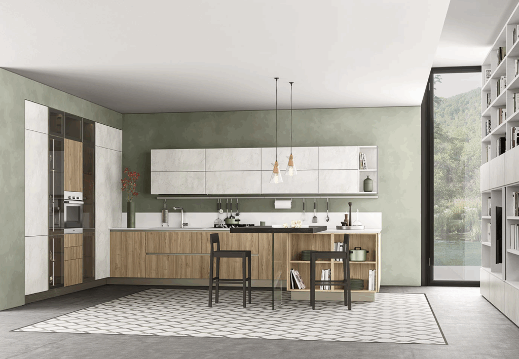 cucina lineare con gruppo colonne
