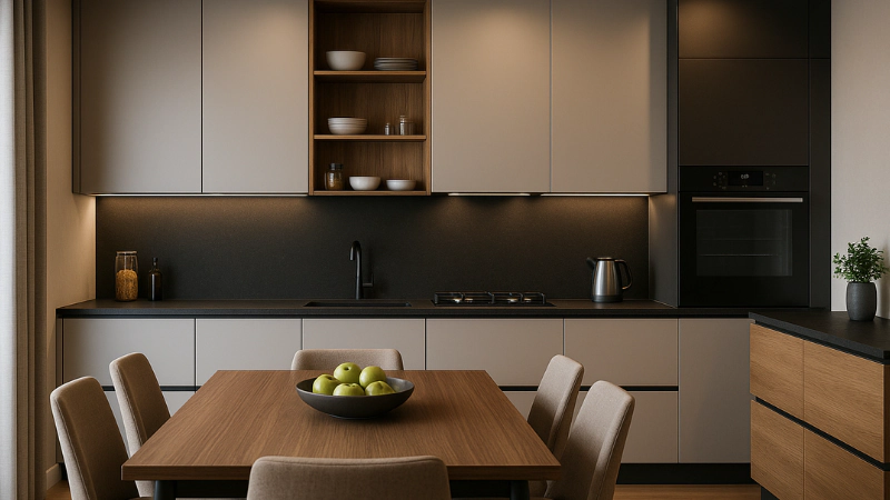 cucina moderna in bianco laccato con varie tipologie di ante