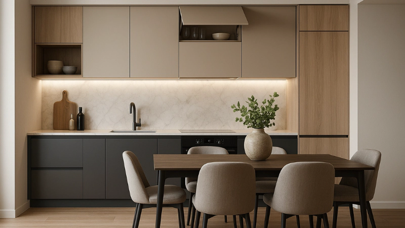 cucina moderna in noce e bianca con varie tipologie di ante