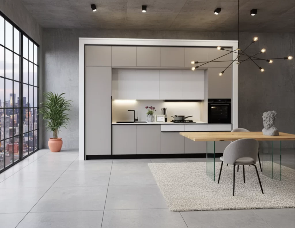 Cucina Lineare Moderna Bianca e Grigia Sostenibile