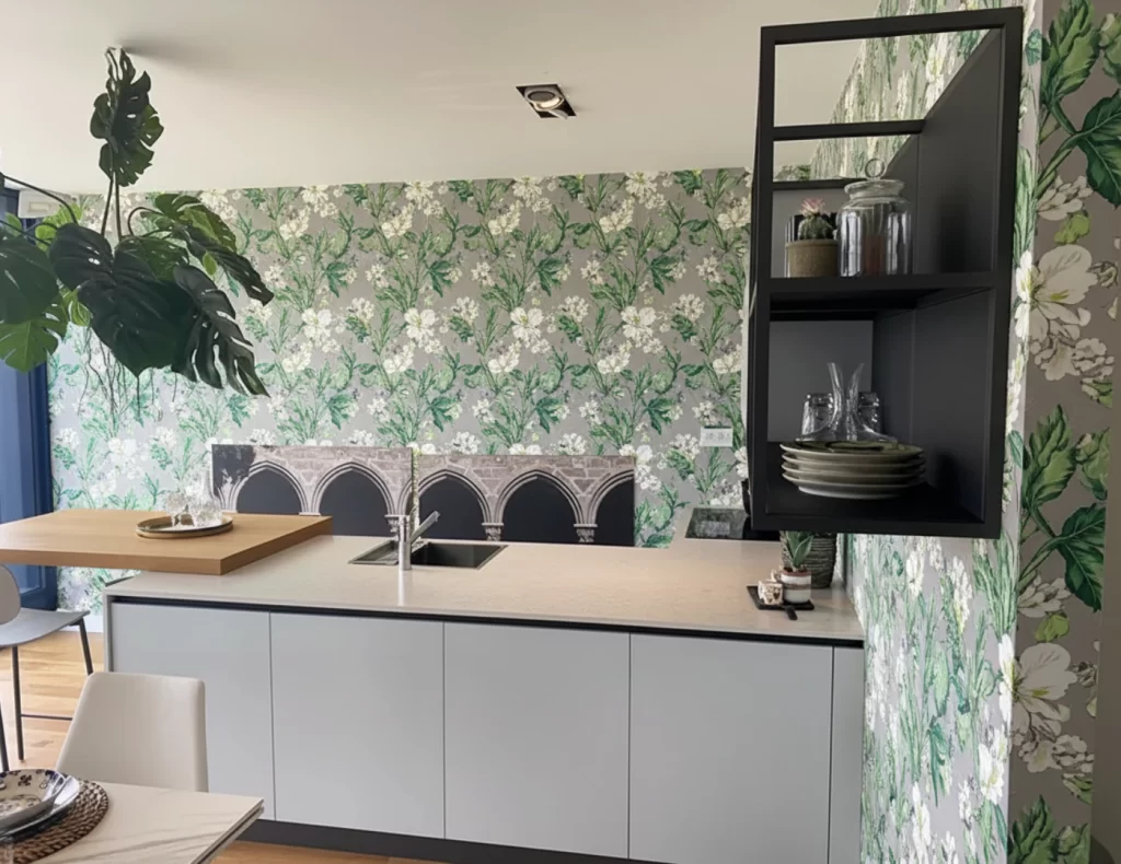 Cucina Moderna Bianca con Penisola e Piano Snack in Rovere - 3