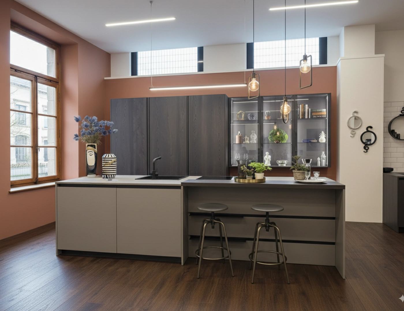 Cucina moderna con isola centrale e pensili scuri in laminato vista 3