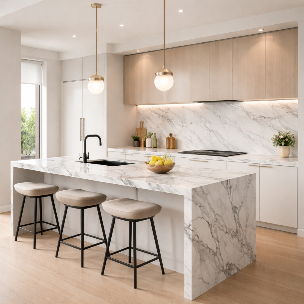 Cucina con isola marmo bianco