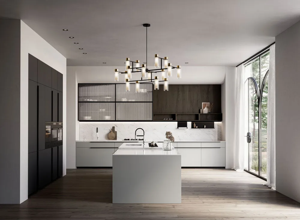 cucina isola bianca marmo e legno