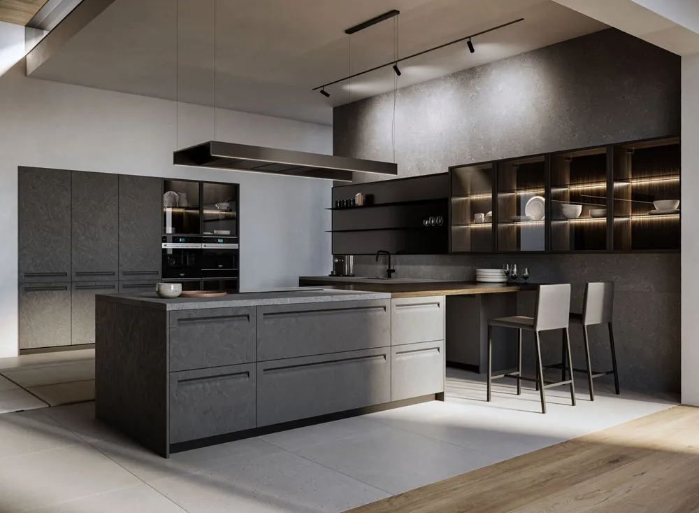 cucina moderna grigia e legno