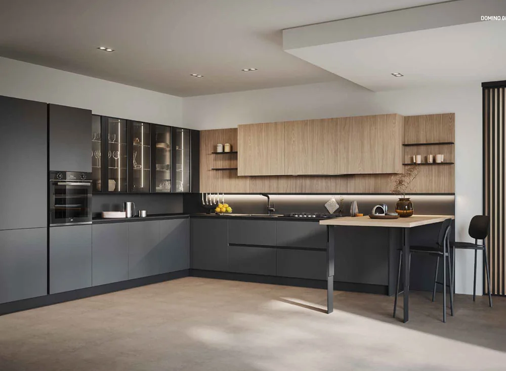 Cucina angolare moderna antracite e legno con piano snack